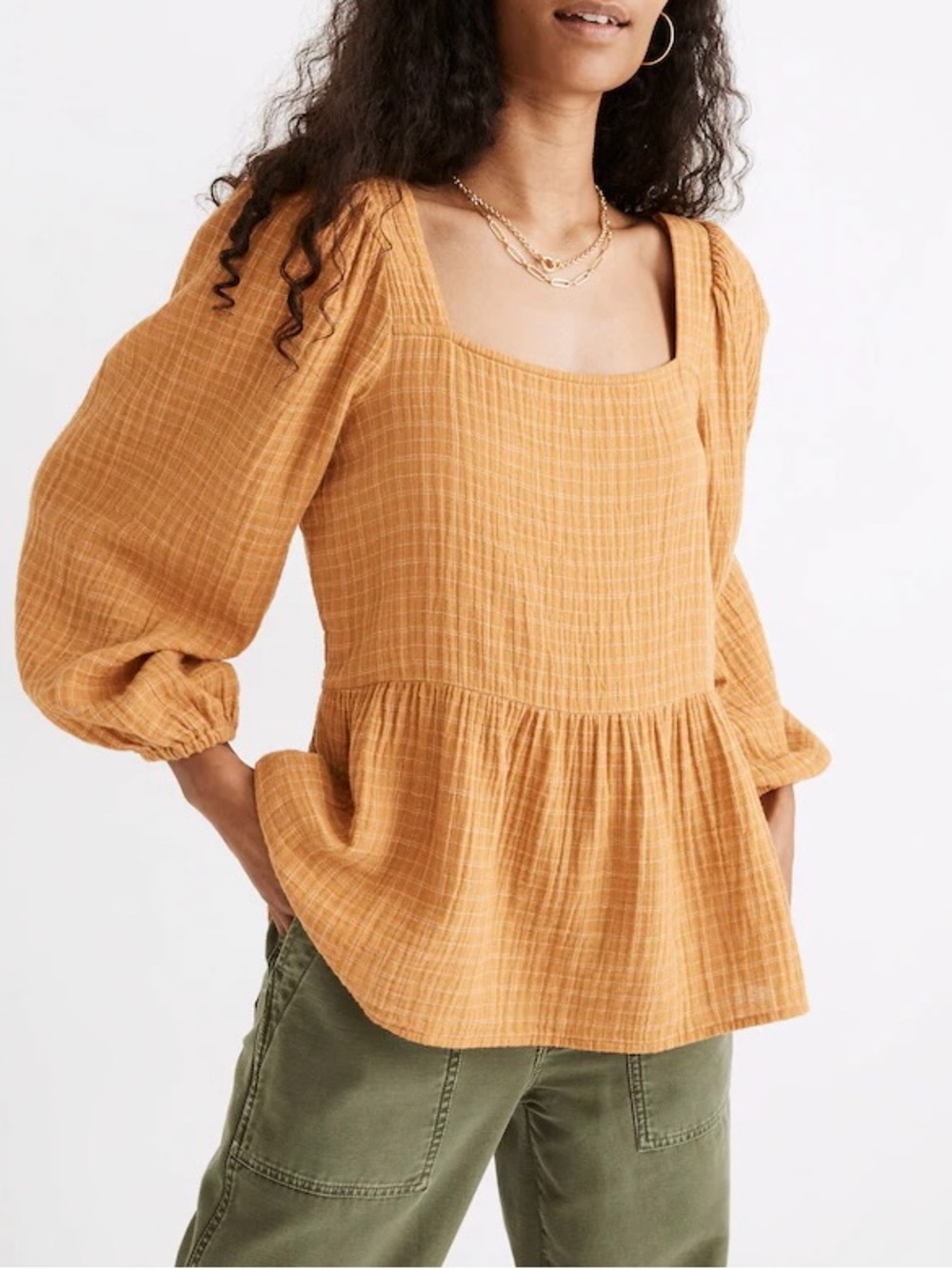 Madewell Millbrook Puff-Sleeve Peplum Top in Windowpane Sz L